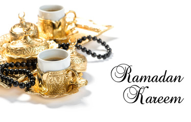 Obraz na płótnie Canvas Ramadan kareem Islamic holidays coffee cups rosary