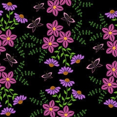 Obraz premium Seamless pattern with embroidery stitches imitation pink flower and leaf with butterfly