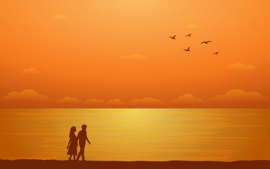 Fototapeta na wymiar Silhouette walking couple on beach in flat icon design under sunset sky background