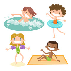 Set of isolated cartoon kids playing at the beach. A bown hair boy swimming, a curly brown girl wearing a swimming float, a blonde girl wearing swimming sleeves and a black boy sitting on his towel.