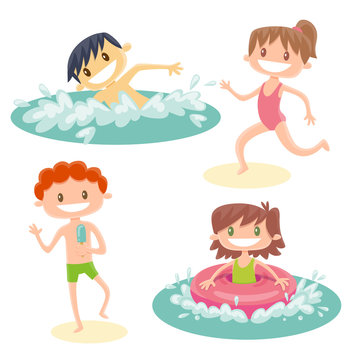 Set Of Isolated Cartoon Kids Playing At The Beach. A Chinese Boy Swimming, A Brown Hair Girl Running, A Red-haired Boy Eating An Ice Cream And A Brown Hair Girl With A Swimming Float In The Sea.