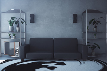 Concrete room with dark couch