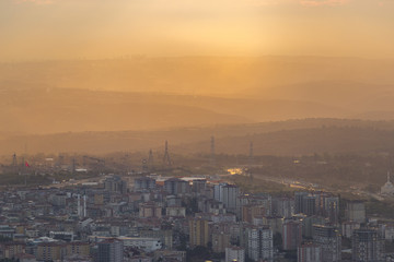 Istanbul view from air shows us amazing sunset scene