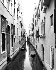 Black and white canal view in Venice