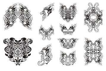 Ornate detailed twirled eagle symbols. Tribal set of linear eagle symbols for your design