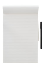 top view of blank ruled notepad and pen side by side isolated on white background template