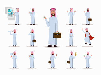 Set of Arabic businessman character poses. office life concept. flat design elements. vector illustration