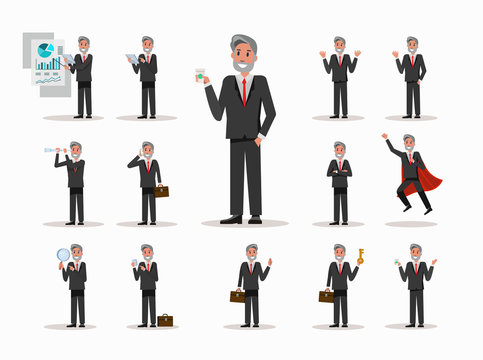 Set of Senior businessman character poses. office life concept. flat design elements. vector illustration