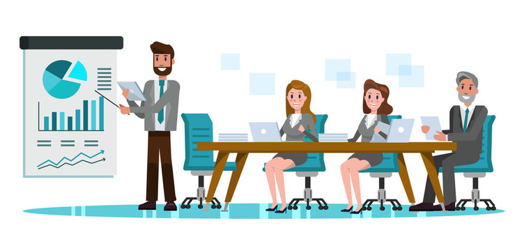 Business people in meeting room. Businessman presentation of the project.  flat design elements. vector illustration
