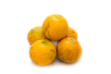 Closeup stack of 5  fresh orange isolated on white background.
