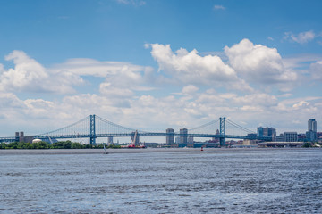 View of the Delaware River and Ben Franklin Bridge in Philadelphia, Pennsylvania.