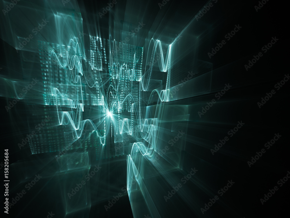 Poster abstract background element. three-dimensional composition of wave shapes, grids and beams. electron