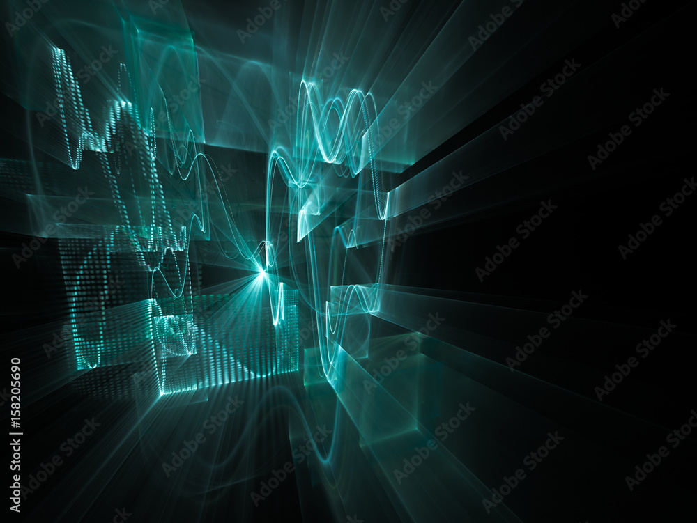 Poster abstract background element. three-dimensional composition of wave shapes, grids and beams. electron
