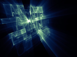 Abstract background element. Three-dimensional composition of wave shapes, grids and beams. Electronics and media concept. Blue and black colors.