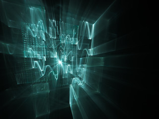 Abstract background element. Three-dimensional composition of wave shapes, grids and beams. Electronics and media concept. Blue and black colors.