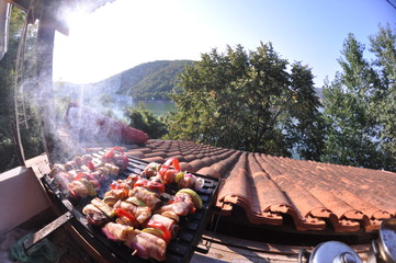 Nature barbecue view - Mountain, meat, sun, chill