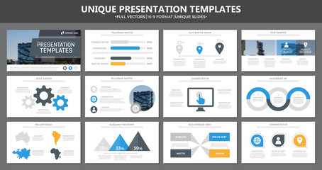 Set of blue and yellow elements for multipurpose presentation template slides with graphs and charts. Leaflet, corporate report, marketing, advertising, annual report, book cover design.