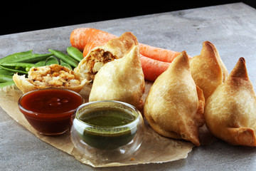 Indian special traditional street food punjabi samosa or Coxinha, Croquete and other Fried Brazilian Snacks