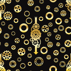 seamless pattern with gold gears and arrows on a black background