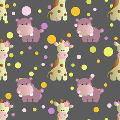 seamless pattern with cartoon cute toy baby behemoth, giraffe and Circles on a dark gray  background
