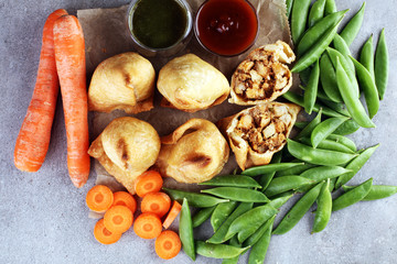 Indian special traditional street food punjabi samosa or Coxinha, Croquete and other Fried Brazilian Snacks