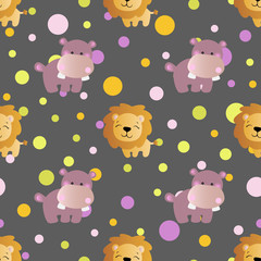 seamless pattern with cartoon cute toy baby behemoth, lion and Circles on a dark gray  background © ame kamura
