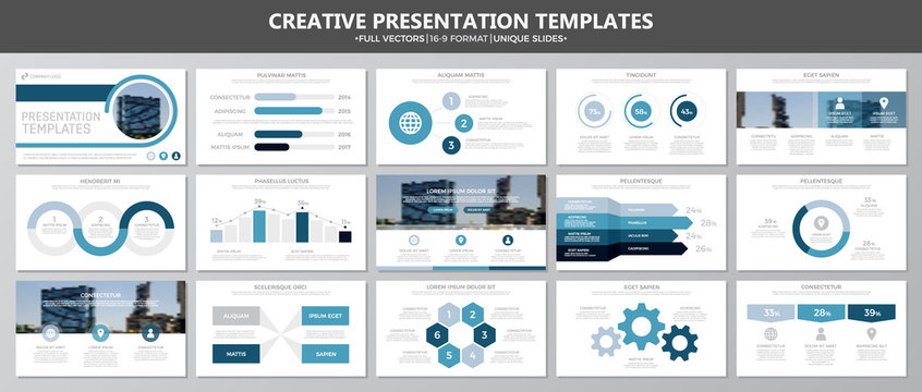 Set of blue elements for multipurpose presentation template slides with graphs and charts. Leaflet, corporate report, marketing, advertising, annual report, book cover design.