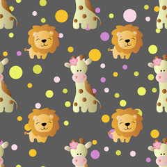 seamless pattern with cartoon cute toy baby giraffe, lion and Circles on a dark gray  background