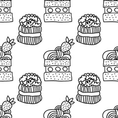 Sweet dessert illustration. Black and white seamless pattern with cakes for coloring books.