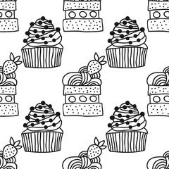 Sweet dessert illustration. Black and white seamless pattern with cakes for coloring books.