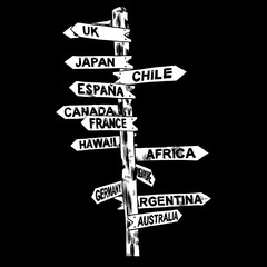 Direction signs different countries. Isolated illustration. Vector