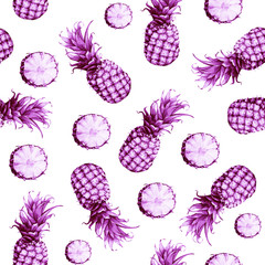The seamless pink monochrome pattern of fresh fruit pineapple. Hand drawn watercolor painting on white background.