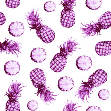The seamless pink monochrome pattern of fresh fruit pineapple. Hand drawn watercolor painting on white background.