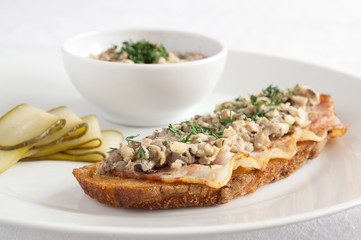 porcino brisket toast  decorated with dill and pickled cucumber