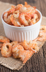 Dried Shrimps on wood Background