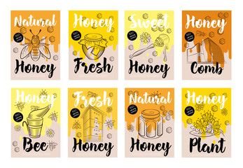 Set of hand-drawn posters with honey, bees.