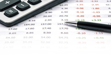 Accounting and finances with pen and calculator, with space for text on white background