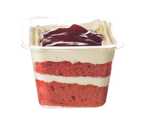 strawberry cake in plastic cup on white background