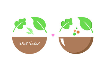 Diet Bowl of fresh vegetable Salad, healthy food, lettuce, pepper, mini-heart. Circle Flat icon style. Vector illustration isolated on white background EPS10.