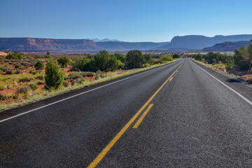 Fototapeta na wymiar empty country road in grasslands with flat top mountains in the background UT-211 Scenic Highway, Canyonlands National Park, Utah, United States