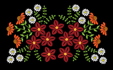 Fototapeta na wymiar Embroidery stitches imitation fashion pattern with folk colorful flower