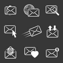 Icons for theme Communication and email. Black background