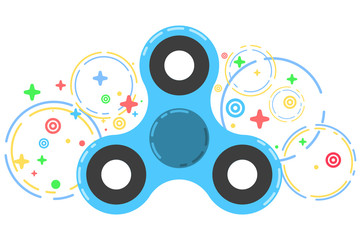 Spinner. A modern anti-stress toy in a flat style. A toy for hands and fingers. Blue colour. Multicolored pattern of different characters in the background. Bearing system