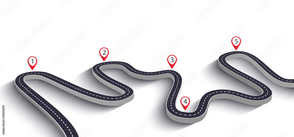 Poster winding road on a white isolated background. road way location infographic template with pin pointer
