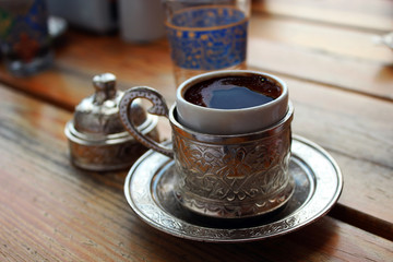 Traditional turkish coffee, authentic copper coffee cup
