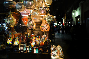 Ramadan lanterns in historical  Khan El-Khalili Souq marketplace is one of the tourist magnets in Capital City Cairo, Egypt. - obrazy, fototapety, plakaty