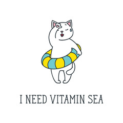 I need vitamin sea. Doodle vector illustration of funny white cat with swimming ring