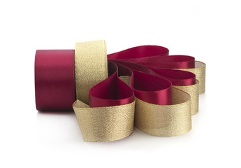 Maroon and gold satin ribbons on a white background