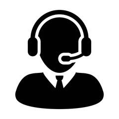 Customer Care Service and Support Icon - Flat Vector Person Avatar With Headphone for Helpline in Glyph Pictogram Symbol illustration