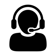 Customer Care Service and Support Icon - Flat Vector Person Avatar With Headphone for Helpline in Glyph Pictogram Symbol illustration